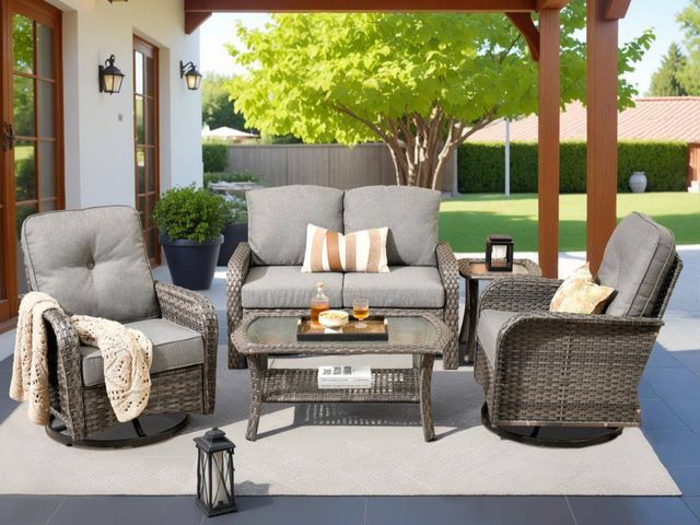 Lot 96-172699 - Toject
Denali Gray 5-Piece 4-Seat Wicker Modern Outdoor Patio Conversation Sofa Swivel Chair Set wit...