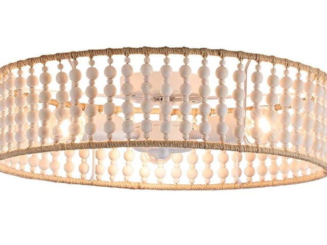 Lot 96-169539 - 18" Boho Drum Chandelier,3 Lights Semi Flush Mount Ceiling Light Farmhouse Rattan Wood Beaded Hangin...