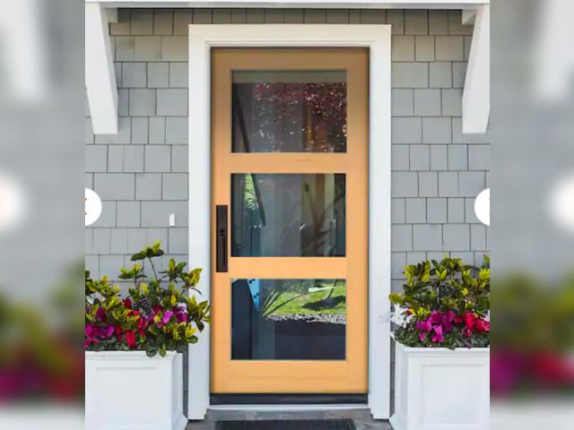 Lot 96-145369 - Krosswood Doors 32 in. x 80 in. Contemporary Hemlock 3-Lite Clear Glass Unfinished Wood Front Door S...