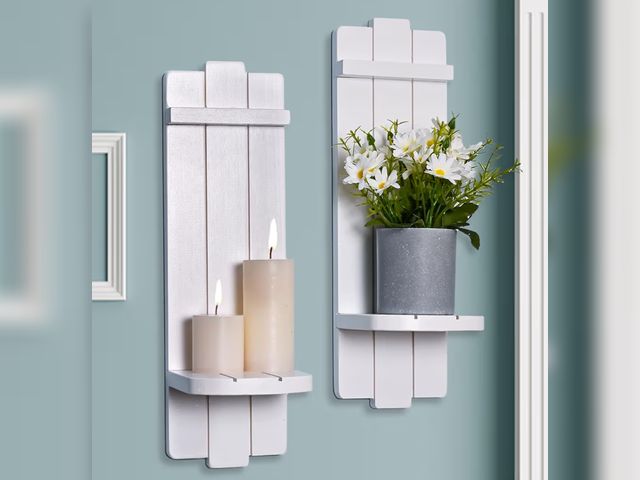 Lot 96-177117 - Sconces Set of 2, Large Candle Holder Rustic Farmhouse Decor, Home Art Floating Sconce Shelf White W...
