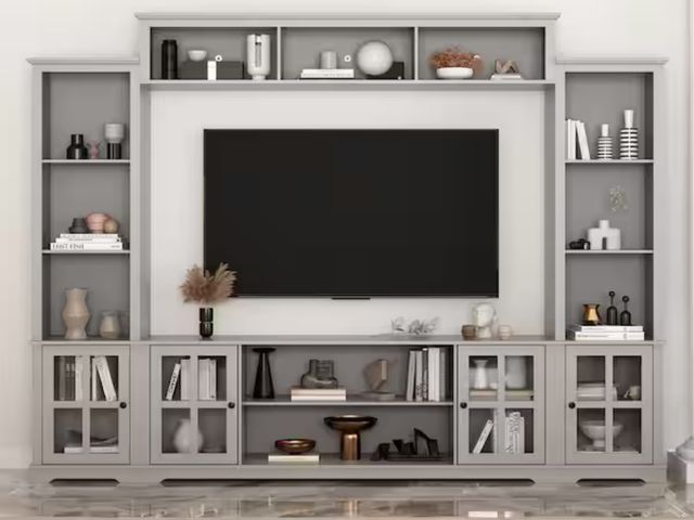 Lot 96-165742 - Gray Wood TV Stand Fits TV's up to 75 in. with Top Open Shelves, Bookcase and Tempered Glass Door Ca...
