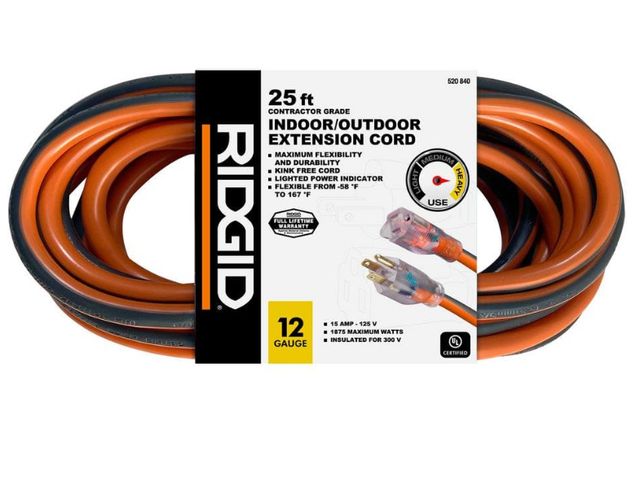 Lot 96-181965 - RIDGID 25 ft. 12/3 Heavy Duty Indoor/Outdoor Extension
Cord with Lighted End, Orange/Grey Unused
