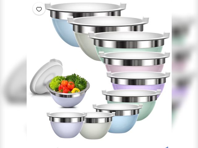 Lot 96-230640 - Laoyebaoho Stainless Steel Mixing Bowls with Lids, 9 Pcs Metal Nesting Mixing Bowls for Kitchen, Gre...