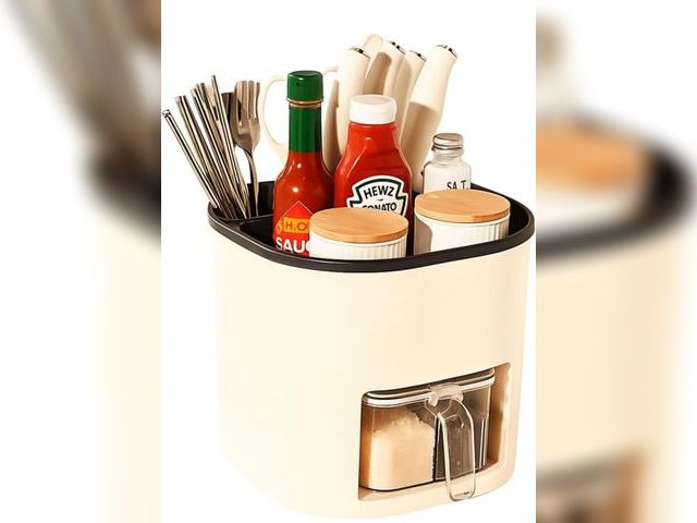 Lot 96-174627 - Rotating Utensil Holder for Kitchen Counter – Seasoning Organizer with 4 Spice Containers, Cutlery H...