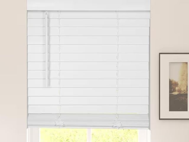 Lot 96-180585 - CALYX INTERIORS Faux Wood Blinds with Classic Valance, Cordless, 2" Slat, 29.5" W x 73" H, Blinds fo...
