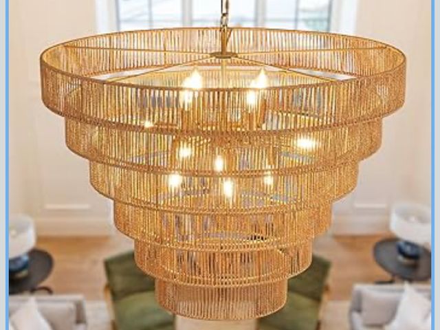 Lot 96-195301 - 31.49" Large Rattan Chandelier Vintage Farmhouse 12-Lights Boho Hand-Woven Bamboo Chandeliers Light ...