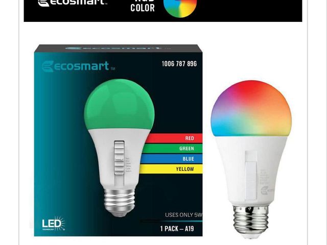 Lot 96-165870 - 4 Pack EcoSmart 5-Watt Equivalent A19 Color Changing Party E26 Medium
Base LED Light Bulb New