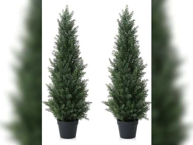 Lot 96-190293 - 31''T Artificial Topiary Trees Artificial Cedar Trees UV Resistant Bushes Potted Set of 2 Faux Shrub...