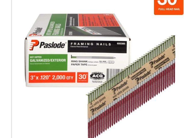 Lot 96-162920 - Paslode 3 in. x 0.120-Gauge 30
-Degree Galvanized Ring Shank Paper Tape Framing Nails (2000 per Box)...