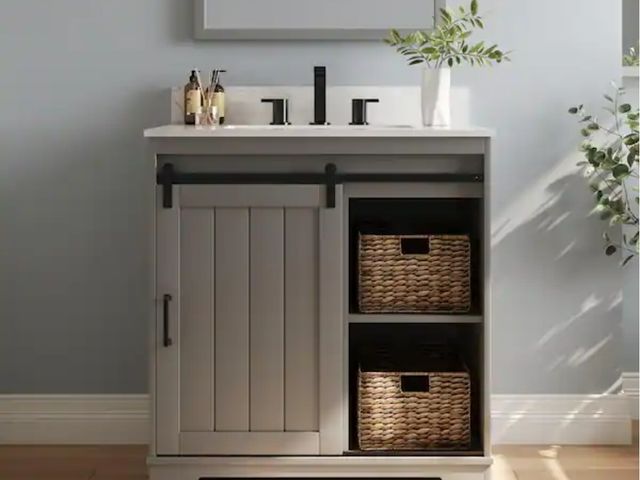 Lot 96-165956 - DEERVALLEY
30 in. Single Sink Freestanding Bath Vanity in Gray with White Cultured Marble Top, 2-Bas...