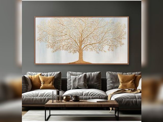 Lot 96-166311 - Abstract Wall Art Gold Tree of Life Framed Artwork Canvas Painting Line Texture Tree Canvas Prints W...