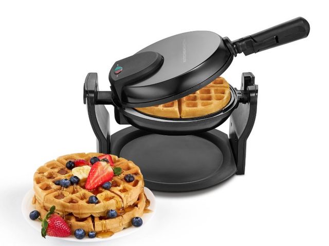 Lot 96-167193 - KitchenSmith Nonstick Waffle Maker Black:
Aluminum, 180° Rotating, Folding Handle, Drip Tray, 1000W
...