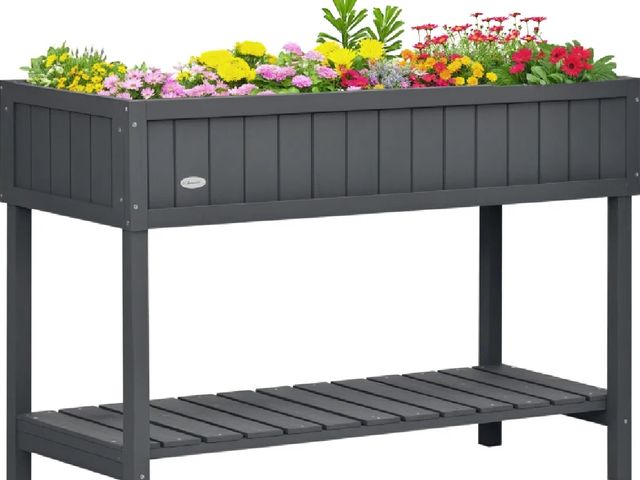 Lot 96-160403 - Outsunny Wooden Raised Garden Bed, Elevated Planter Box Stand with 8 Slots and Open Shelf, Dark Gray...