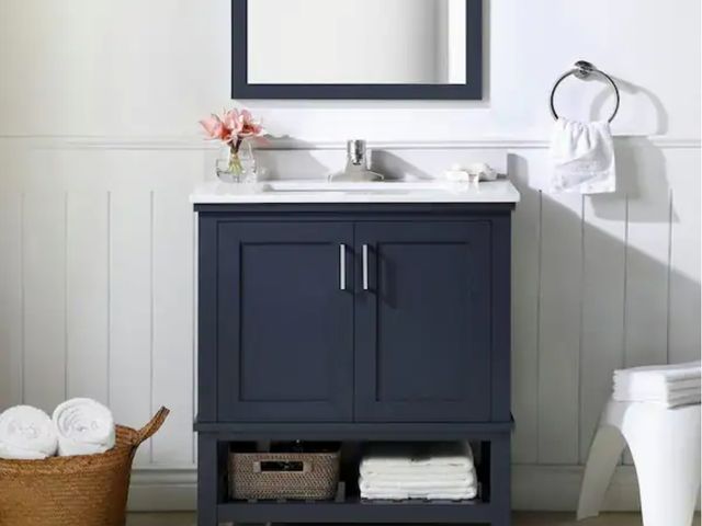 Lot 96-162164 - Home Decorators Collection
Tupelo 30 in. Single Sink Midnight Blue Bath Vanity with White Engineered...