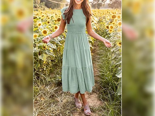 Lot 96-173504 - Summer Casual Flutter Ruffle Sleeve Crew Neck Smocked Elastic Waist Tiered Midi Dress
New (varies sl...