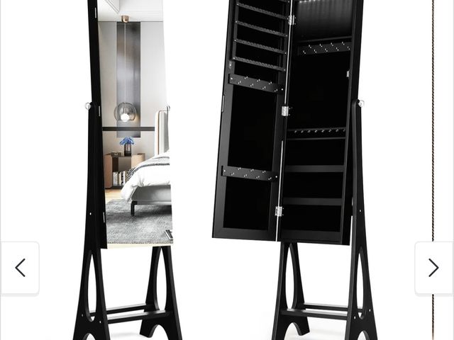 Lot 96-192359 - Freestanding Jewelry Cabinet Armoire Organizer with 5 Lined Shelves and Full Size Mirror - 14.5" x 1...