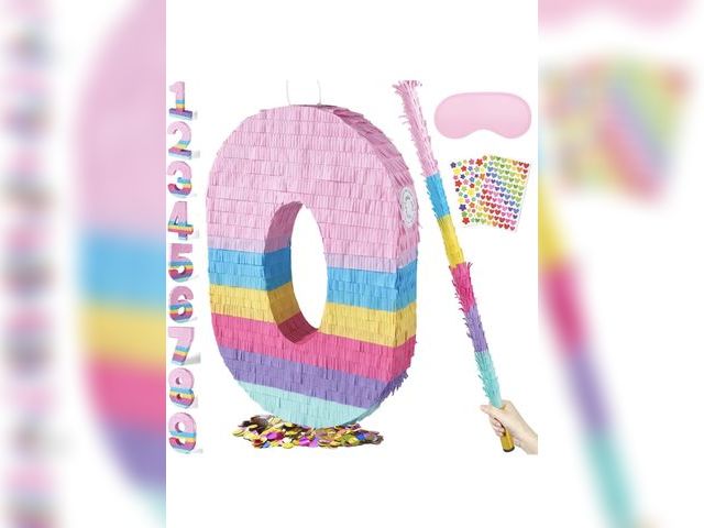 Lot 96-195128 - PCFING 20 Inch Number 0 Piñata Rainbow with 30 Inch Piñata Stick Blindfold Confetti for Boys Girls A...