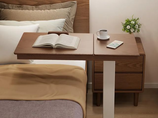 Lot 96-170347 - Solid Wood Overbed Bedside Table with Wheels, Adjustable Medical Tilt Top Hospital Bed Table Over Th...