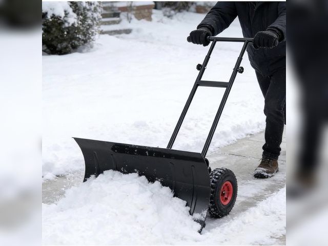 Lot 96-197315 - IRONMAX Snow Shovel for Driveway, 29" Wide Ergonomic Snow Pusher with Wheels, 7-Position Angled Blad...