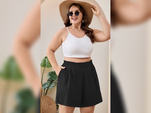 Lot 96-230552 - SHOWMALL Shorts for Women’s Summer Casual Elastic High Waist Wide Leg Beach Shorts with Pockets Blac...