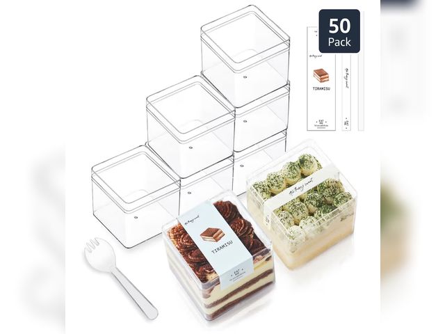 Lot 96-190653 - 50 Pack 12OZ Square Clear Plastic Cups with Lids and Sporks&amp;Stickers Disposable Fruit Cups for D...