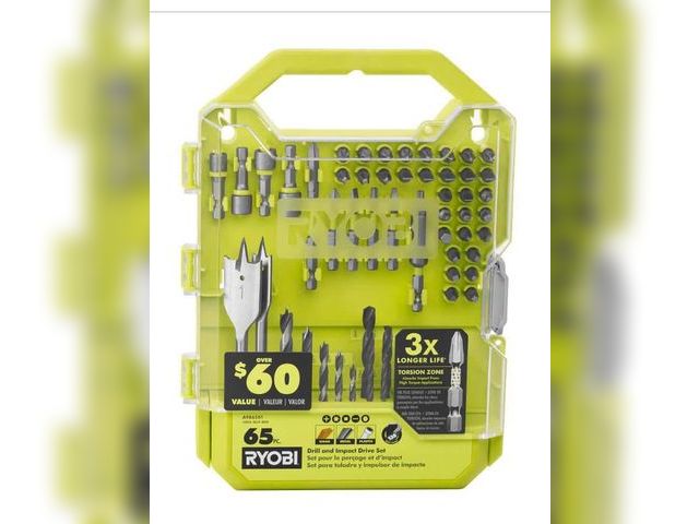 Lot 96-181974 - RYOBI
Drill and Impact Drive Kit (65-Piece) Unused, a few pieces missing