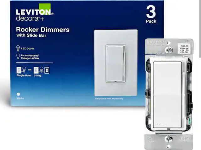 Lot 96-162490 - Leviton Decora 600-Watt Single-Pole/3-Way Universal Rocker Slide Dimmer, White (3-Pack) DSL06-3PW ne...