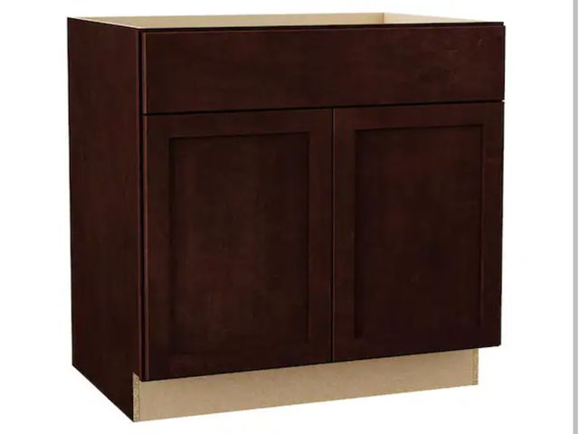 Lot 96-173617 - Hampton Bay Shaker 33 in. W x 24 in. D x 34.5 in. H Assembled Sink Base Cabinet in Java major damage...