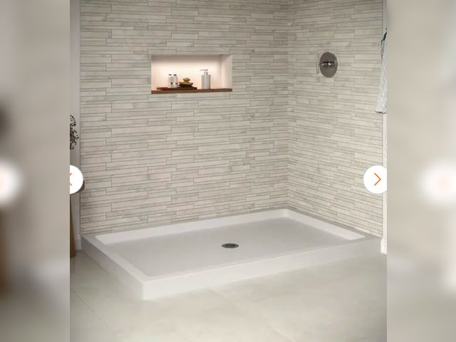 Lot 96-145367 - Streamline 60 in. L x 36 in. W Corner Acrylic Shower Pan Base in Glossy White with Center Drain, Dra...