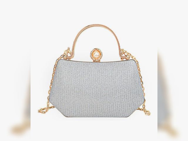 Lot 96-201321 - Elegant Evening Clutch Handbag, Silver Gray PU Leather with Pearl Accents, Gold Handle, Small Struct...