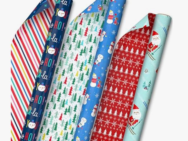 Lot 96-180594 - Hallmark Reversible Christmas Wrapping Paper for Kids (3 Rolls: 120 Sq. Ft. Total) Snowmen, Stripes,...