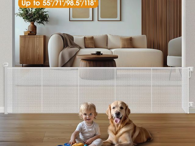 Lot 96-187951 - HOMEAL Retractable Baby Gates for Stairs &amp; Doorways, Outdoor Indoor Mesh Dog Gate for Kids or Pe...