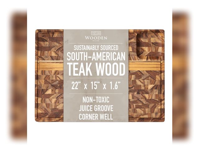 Lot 96-210324 - Teak Cutting Board for Kitchen (XL) - Thick Butcher Block with Juice Groove &amp; Corner Well, Charc...