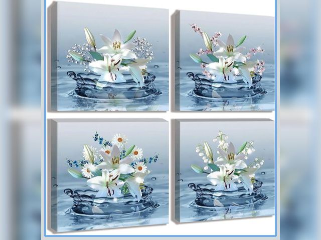Lot 96-178022 - Rustic Floral Bathroom Decor Colorful Bloom Lily Elegant Artwork Botanical Painting Home Wall Art 4 ...