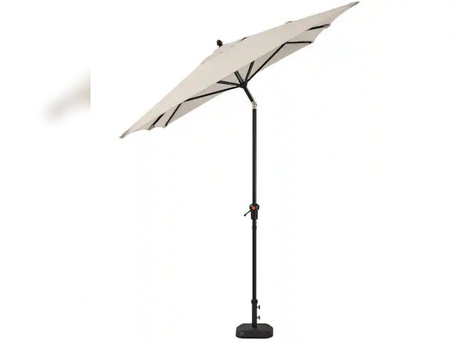 Lot 96-226171 - Hampton Bay
6.5 ft. x 10 ft. Aluminum Market Auto-Tilt Patio Umbrella in Putty Beige (NO base)
New 
...