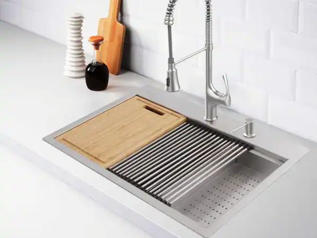 Lot 96-162673 - Glacier Bay
Zero Radius 27 in. Drop-In Single Bowl 18 Gauge Stainless Steel Workstation Kitchen Sink...
