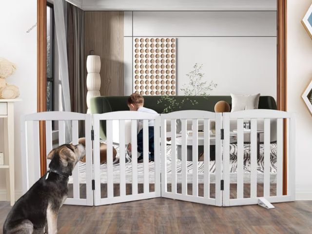 Lot 96-190686 - Foldable Freestanding Indoor Dog Gate for House Wood White Long Pet Gates Dog Fence for Stairs Puppy...