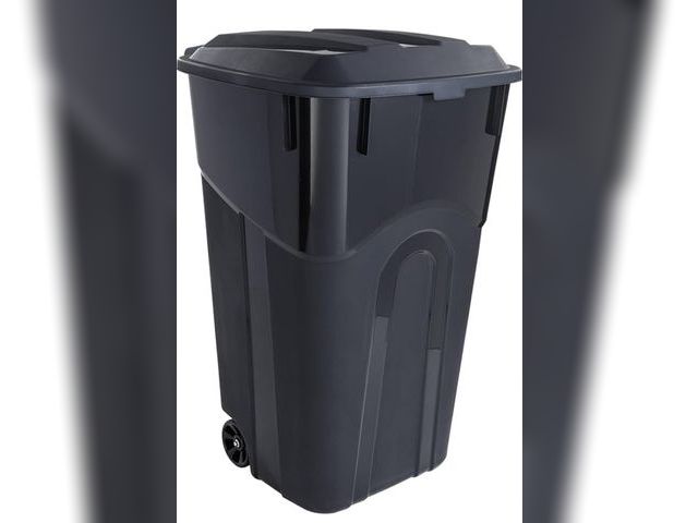 Lot 96-180858 - 32 Gallon Wheeled Heavy Duty Plastic Garbage Can, Attached Lid, Black
New
