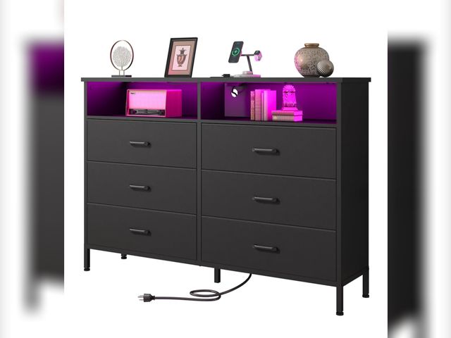 Lot 96-175125 - Dresser for bedroom, Fabric Black Bedroom Dresser with LED Lights and Charging Station, 6 Long Drawe...