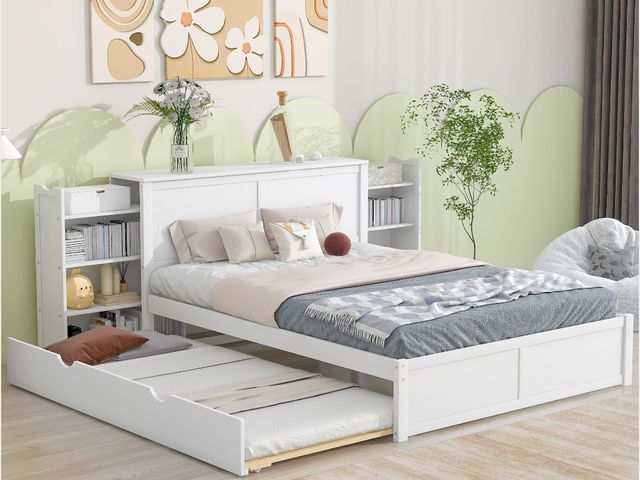 Lot 96-171820 - Queen Size Storage Platform Bed with Pull Out Shelves and Twin XL Size Trundle White New MSRP $899