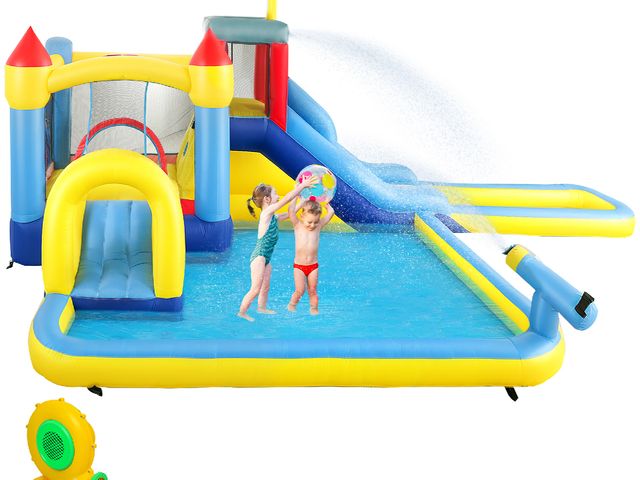 Lot 96-160179 - Qaba 6 in 1 Inflatable Water Slide Park with Splash Pools, 2 Slides, Trampoline, Climbing Wall, Cann...