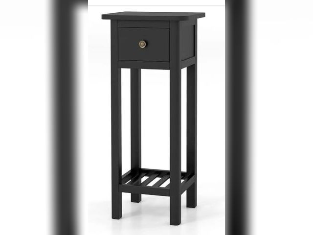 Lot 96-197345 - Giantex Narrow End Table with Drawer, Tall Acacia Wood Side Table with Bottom Shelf, Modern Bedside ...