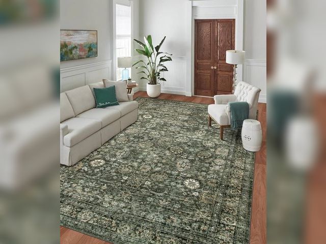 Lot 96-181688 - Vintage Dark Green Living Room Rug, 9x12 Area Rug Large Washable Rugs for Bedroom, Soft Dining Room ...