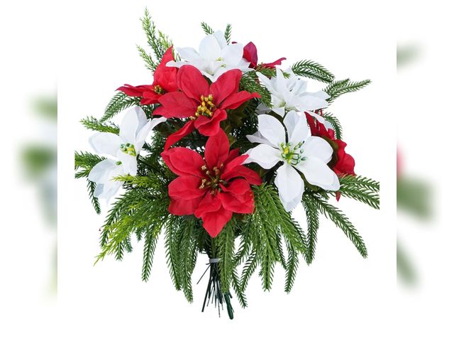Lot 96-190863 - 22Pcs White Poinsettia Flowers Artificial Christmas Poinsettia Bouquet Mixed Pine Picks Stems Christ...