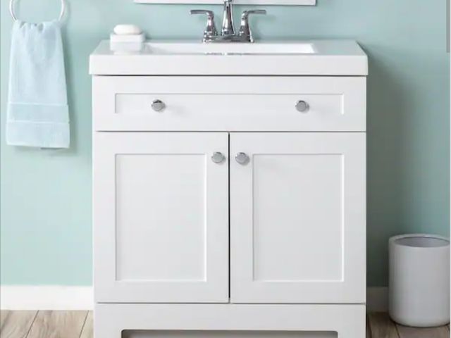 Lot 96-171825 - Glacier Bay Everdean 31 in. Single Sink White Bath Vanity with White Cultured Marble Top (Assembled)...