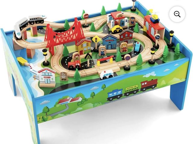 Lot 96-227643 - OLAKIDS Train Table, 80 Pieces Wooden Kids Activity Toy Table Playset with Reversible Detachable Tab...