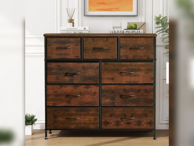 Lot 96-181287 - Rust Brown 9-Drawer 11.8 in. W Chest of Drawers Fabric Storage Tower with Steel Frame, Wooden Top Ne...