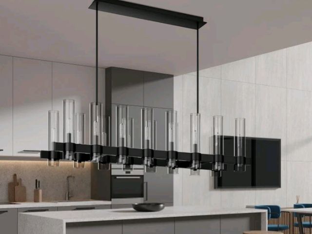 Lot 96-180440 - JKLX Modern Black Island Rectangle Chandelier with Amber Glass, 63" Adjustable Height Modern Linear ...