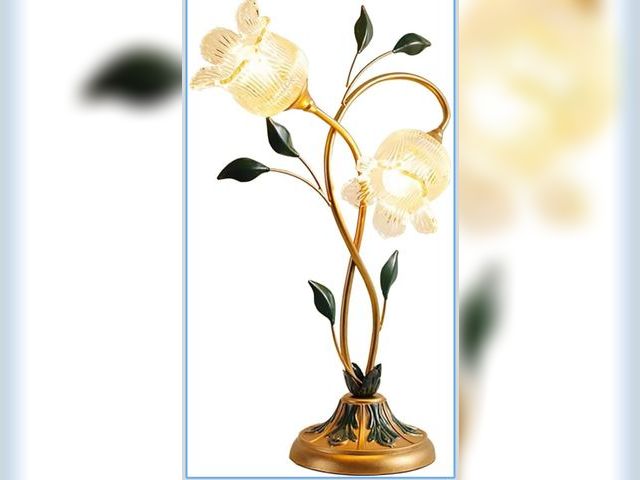 Lot 96-173289 - Gold Glass Flower Table Lamp Vintage 2-Light Floral Side Beside Desk Lamp Green Leaf and Milk Glass ...