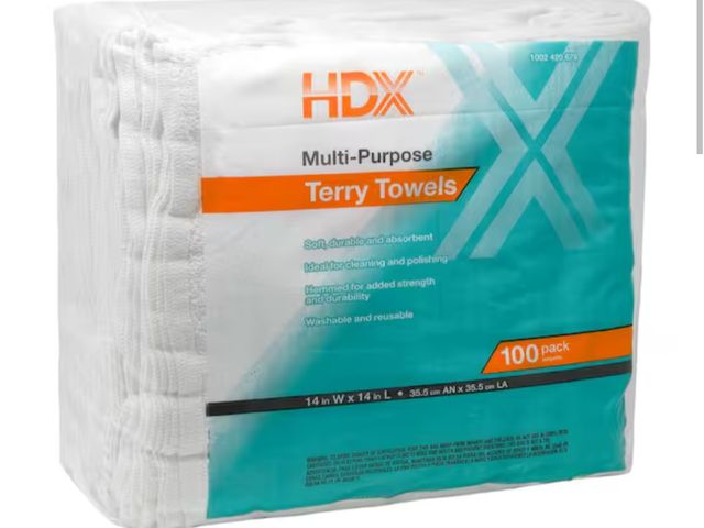 Lot 96-173769 - HDX 14 in. x 14 in. Terry Towels (100-Count) open package but appears full.
